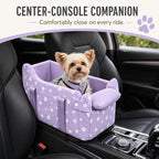 Center Console Dog Car Seat Safe Travel for Small Dogs Under 15 lbs Detachable Washable Pet Carrier with Storage Pockets & Safety Leash (Purple)