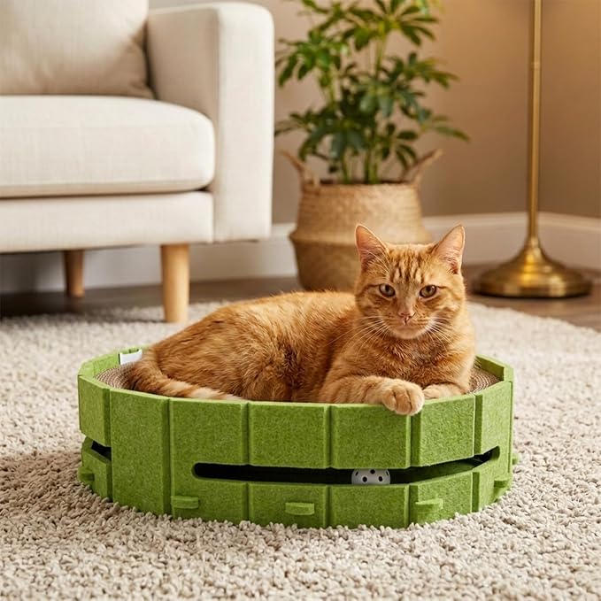 Interactive Cat Scratcher Lounge Bed Heavy Duty Corrugated Cardboard Cat Scratching Pad Bowl with Built-in Track & 2 Bell Balls for Indoor Cats Claw Care and Rest Cat Scratching Bowl，Green