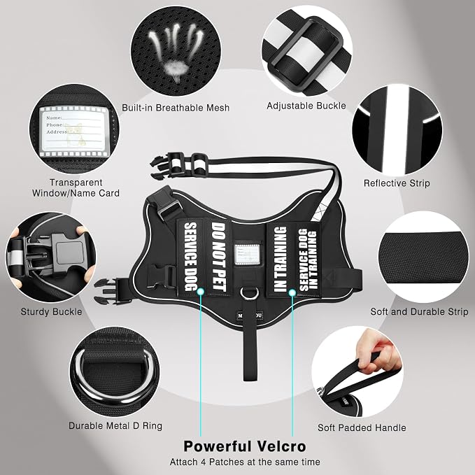 Service Dog Vest Harness and Leash Set+10 Patches,No Pull&Easy Walk Reflective Dog Harness with Soft Padded Handle for Training/Everyday,Fit Small/Medium/Large/Extra-Large Dogs (Black L) | No Pull&Adjustable Reflective Dog Harness Large Sized,Dog Leash...
