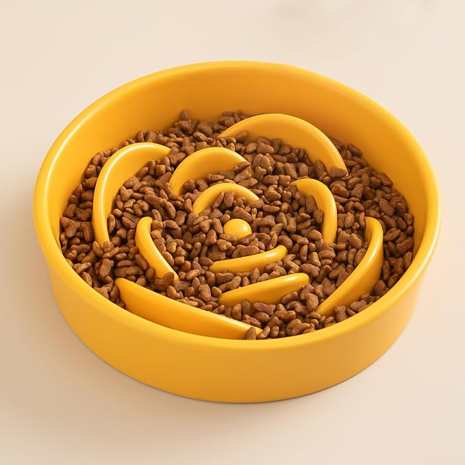 8.25'' Ceramic Slow Feeder Dog Bowls - Petal Shape Modern Dog Food Dish for Medium and Large Breeds, Puzzle Maze Bowl to Slow Down Eating, Anti-Gulping, Dishwasher & Microwave Safe, Yellow