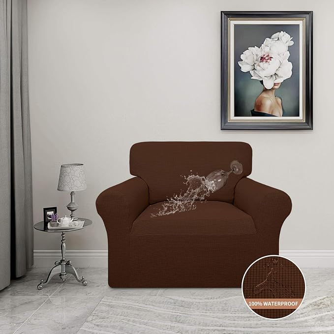 Easy-Going 100% Waterproof Chair Couch Cover, Stretch Jacquard Sofa Cover | Dual Waterproof Sofa Slipcover, Leakproof Furniture Protector for Kids, Pets, Dog and Cat (Loveseat, Coffee)
