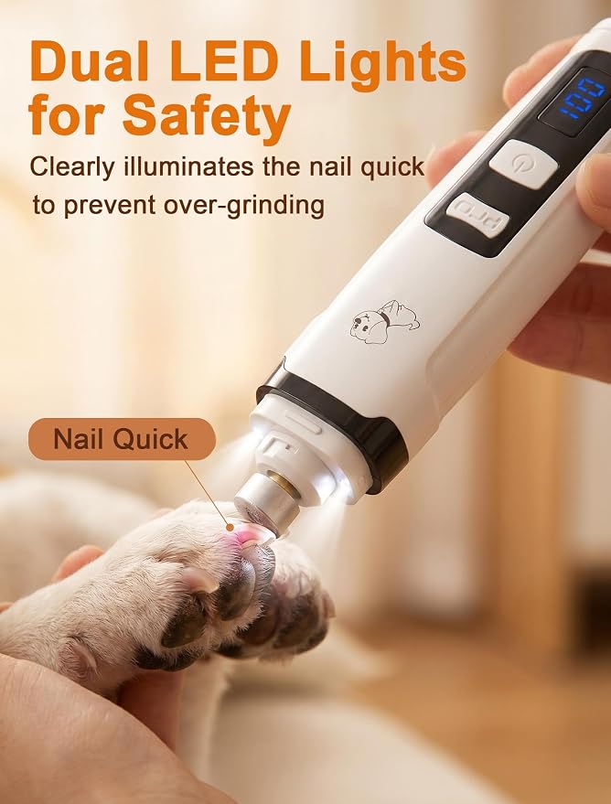 Quiet Electric Pet Nail Grinder with Light for Dogs Cats | Low-Vibration, 2-Speed, 3 Ports for Large Medium Small Pets, Works on Hard/Thick Nails, Professional Grooming Tool