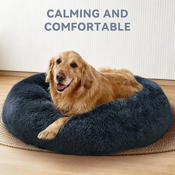 Calming Donut Pet Bed for Cats & Small Dogs, Ultra Soft Fluffy Anti Anxiety Cat Bed with Raised Rim, Washable Plush Round Puppy Bed for Indoor Cats, Kittens, Chihuahua & Yorkie (Deep Grey, 20 Inch)