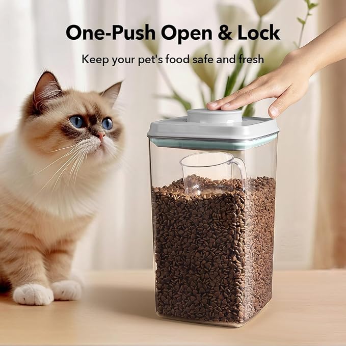Dog Food Storage Container, 4L/4.2 Qt Airtight Pet Canister with One-Touch Lid, 130ml Scoop, BPA-Free Stackable Clear Kibble Holder for Kibble, Cat Food and Treats