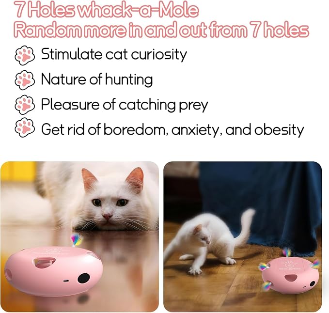 Interactive Cat Toy, Pink | Electric for Moving Concealed Feathers, Smart Sensor 7 Holes Whack a Mole Feather Toy, USB Charge Automatic