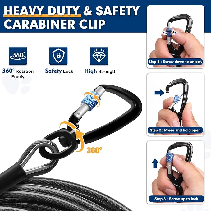 Snagle Paw Dog Leads for Yard 50FT-1000LBS Break Strength,Heavy Duty Tie Out,Run Cable for Medium Large Dogs with Swivel Lockable Hook & Spring,Chew Proof Chain for Outside