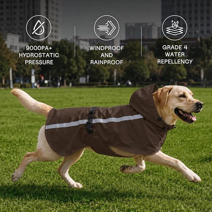Stretch Fabric Dog Raincoat with Hood, Reflective Rain Poncho for Medium Large Dogs, Adjustable Waterproof Dog Rain Jacket with Leash Opening, Brown, Large