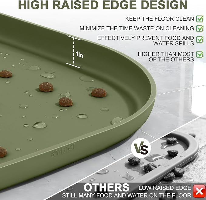 36" x 24" x 1" Extra Large Silicone Pet Food Mat with Raised Edge for Food and Water Bowl, Dog Feeding Mats, Cat Food Trays for Floor Waterproof, Rubber Tray for Dogs and Cats, Light Olive Green
