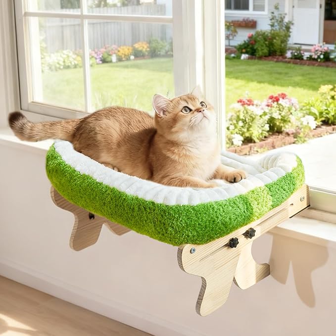 Wooden Cat Window Perch Bed, White and Green | Sturdy Wooden Frame, Removable Washable Cover, Window Sill Hanging, All Seasons Comfort