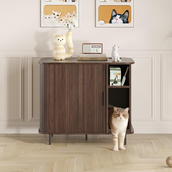 Large Litter Box Enclosure with Charging Station for Automatic Litter Box & Cat Robot 3/4, Hidden Litter Box Furniture with Dog-Proof Shelf, Scratch Pad, Wooden Cat Box Enclosure, Walnut