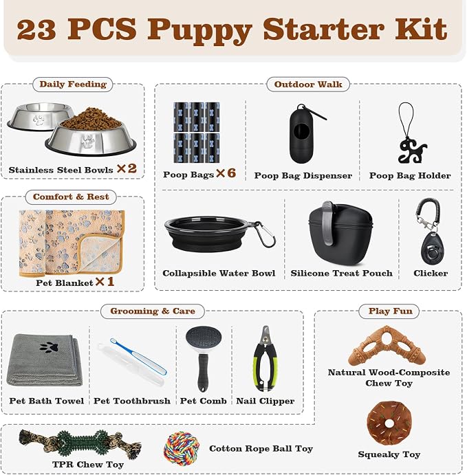 Puppy Supplies Starter Kit, Black Puppy Essentials for Small Dogs | Bowls, toys, toothbrush, treat pouch and more in one pink puppy kit; ideal welcome home gift for small dogs and new puppies