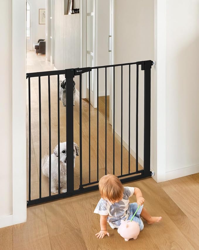 COMOMY 36" Extra Tall Baby Gate for Stairs Doorways, Fits Openings 29.5" to 43.3" Wide, Auto Close Sturdy Safety Dog Gate for House, Pressure Mounted Easy Walk Through Pet Gate with Door, Black