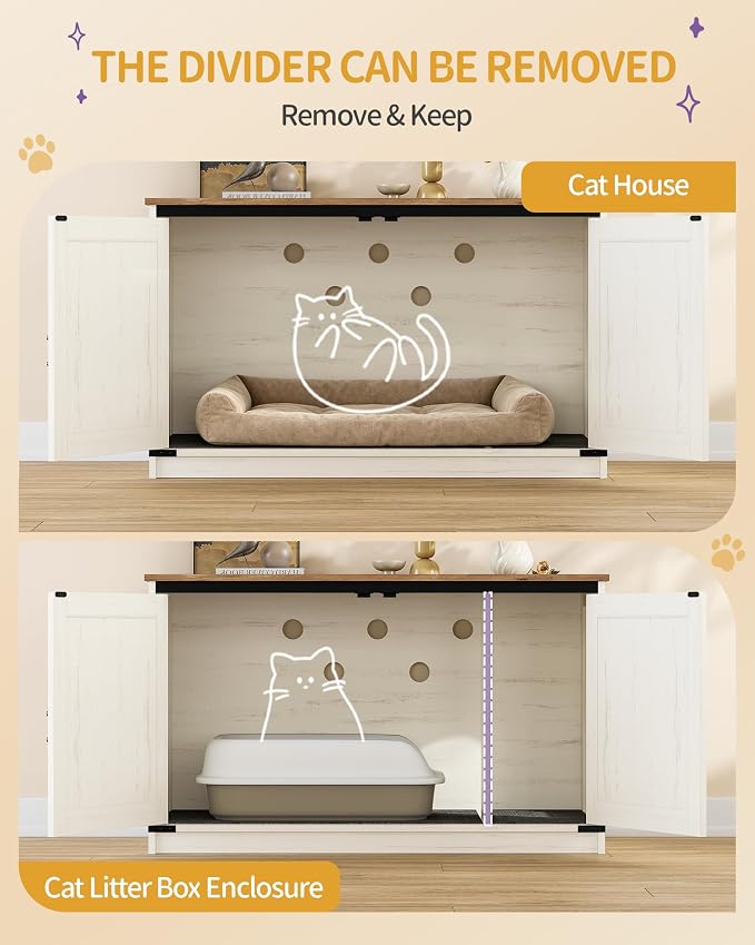 Hzuaneri Cat Litter Box Enclosure, Hidden Litter Box Furniture with Divider | Wooden Cat Cabinet with Removable Dividers, Reversible Entrance Left or Right Side, Cat Washroom, Rustic White Brown CB84714X