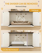 Hzuaneri Cat Litter Box Enclosure, Hidden Litter Box Furniture with Divider | Wooden Cat Cabinet with Removable Dividers, Reversible Entrance Left or Right Side, Cat Washroom, Rustic White Brown CB84714X