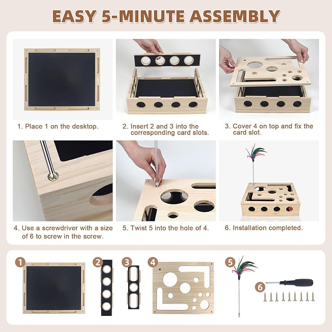 Cat Scratch Puzzle Enrichment Box, Interactive Cat Nail File Scratcher with Sandpaper, 3 Bell Balls & Detachable Teaser Wand, Stress‑Free Nail Care Toy for Indoor Cats, Scratchers that Trim Nails
