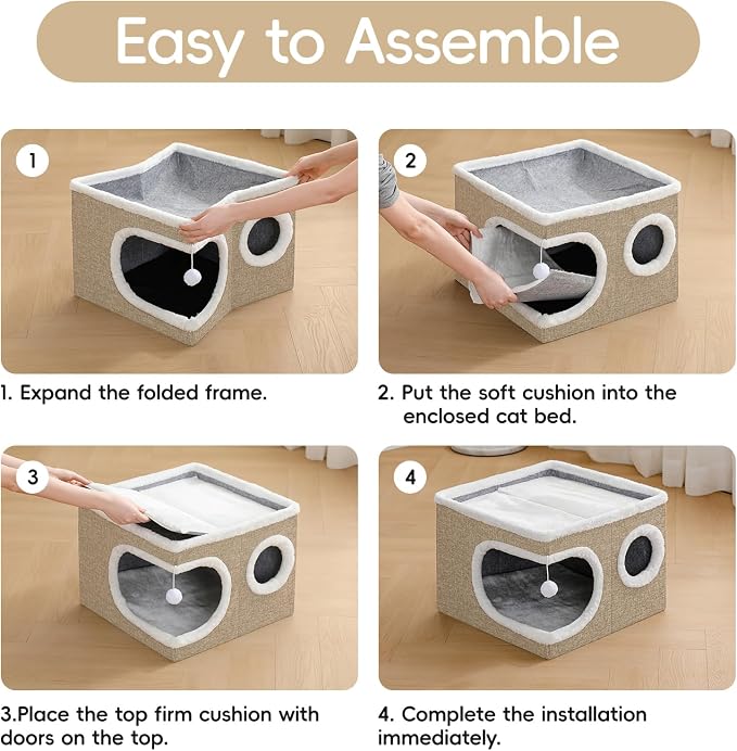 Cat Houses for Indoor Cats, Large Covered Cat Cave Beds & Furniture with Scratch Pad and Fluffy Ball,Foldable Cat Hideaway for Kitten,16.5x16.5x13 inches, Khaki‌