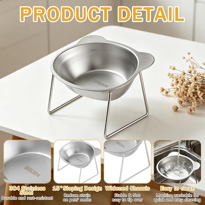 Elevated Cat Bowls 3 Pack, 15° Tilted Raised Cat Food & Water Bowls with Stainless Steel Dishes, Whisker-Friendly Anti-Vomiting Pet Bowls for Cats & Small Dogs