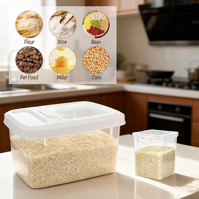 16lb Rice Storage Container and 3lb Storage Bin Set, Rice Container Airtight Grain Dispenser Kitchen Pantry Organizer Pet Dog Cat Food Container for Dry Food Cereal Grain