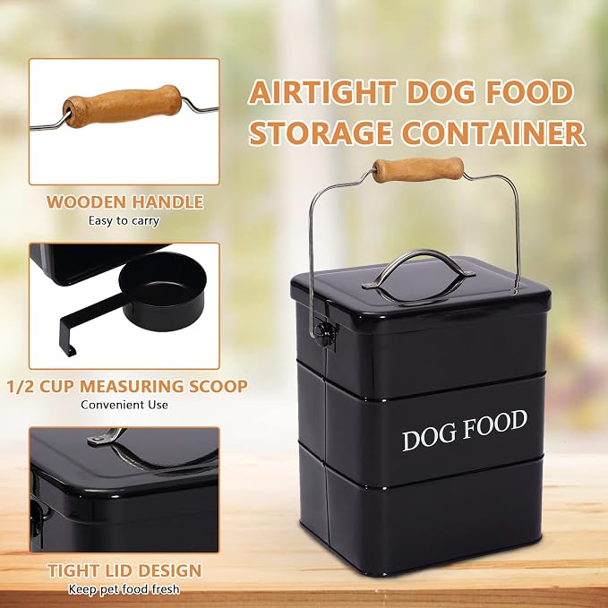 Dog Treats tin and dog Food Storage Tin with Lid & with Spoon for dog Food Storage, Medium Pet Food Storage Can-Dog Food-Black