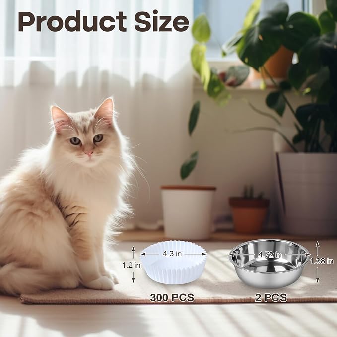 Bulk Disposable Cat Bowls Set (300 Pcs Cat Food Bowl Liners + 2 Pcs Stainless Steel Pet Bowls) Small Paper Bowls for Puppies, Kittens, Small Dogs and Cats, Ideal for Dry and Wet Food (White, Classic)