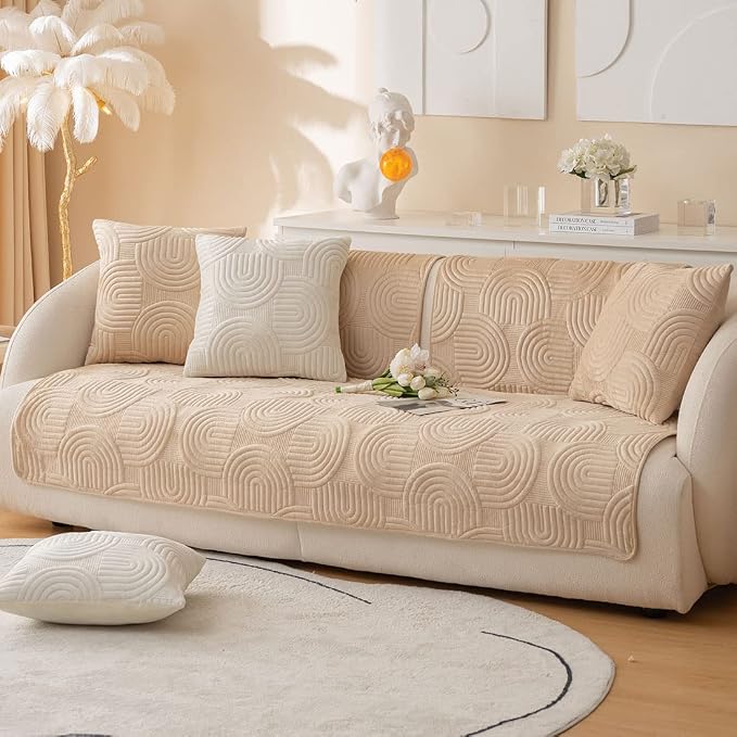 Soft Plush Geometric Quilted Couch Sofa Cover Boho Non Slip Fuzzy Sectional Couch Cover Solid Color Washable Sofa Slipcover Furniture Protector for Kids Dogs Cats (Coffee,43"x82")