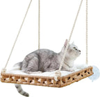 SETVSON Cat Window Perch Cat Window Hammock Bed, PE Rattan, Natural | 360° Clear View Bird Watching Seat, Sunbathing Shelf with 4 Suction Cups, 2.3 Inch Fence, Removable Washable Cushion