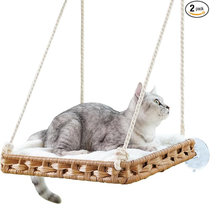 SETVSON Cat Window Perch 2 Pack, Handwoven PE Rattan Hammock, Natural | 2 Pack PE Rattan Window Hammock with 4 Suction Cups, 2.3" Safety Fence, Washable Double Sided Cushion, Steel Frame