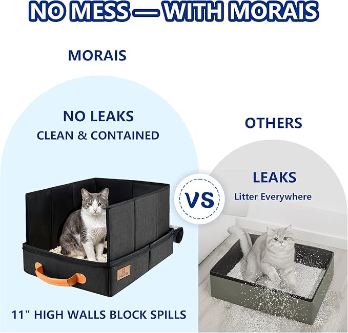 MORAIS Portable Travel Litter Box for Cats, 17.7"×13.5"×11" Collapsible Cat Litter Box with Lid, Leak-Proof Cat Litter Pan for Car Hotel Airplane, Waterproof & Easy to Carry- Black