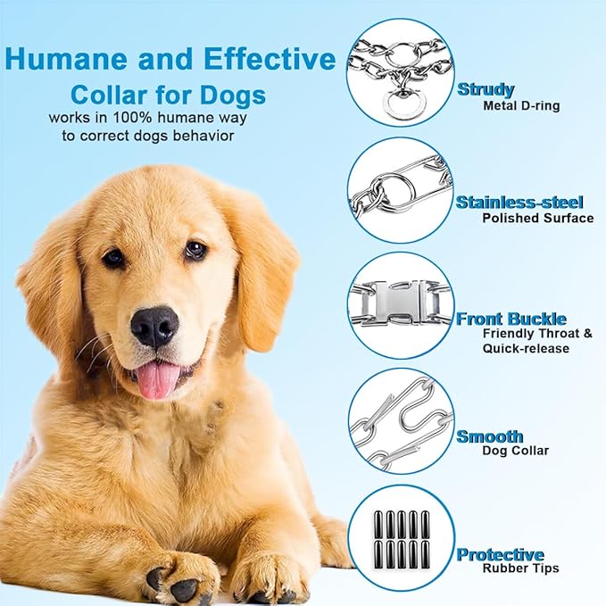 Prong Collar for Dogs, Dog Training Collar for Small Medium Large Dogs | Pinch Collar, Adjustable Size, No Pull, Quick Release Buckle, Hook 360° Swivel, High Quality, 2 Extra Link and 20 Rubber Cap