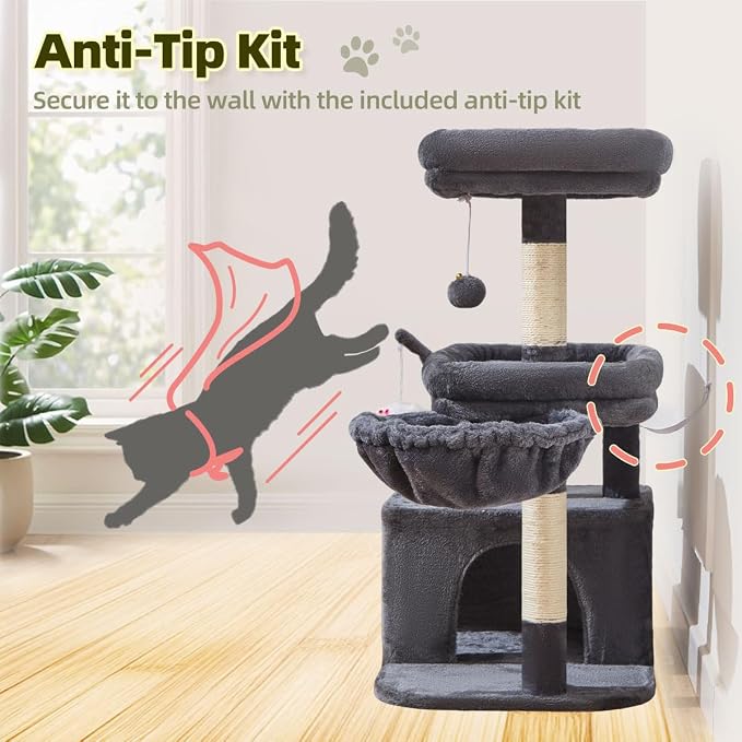Taoqimiao 32.2in Cat Tree with Toy, Small Cat Tower for Indoor Cats, MS043G | Easy assembly, Sturdy, Multi Level, Easy Clean, Cozy Condo, Perches, Baskets, Suitable for Kittens and Adult Cats