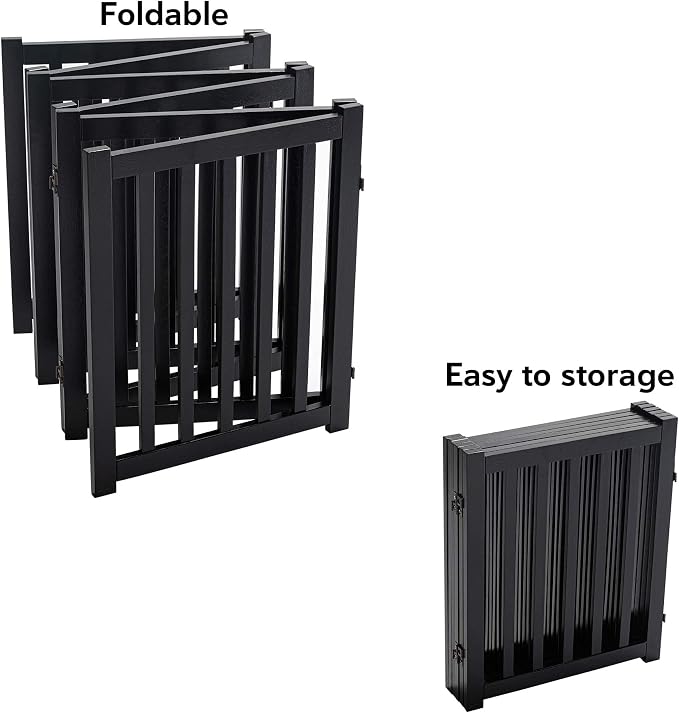 LZRS Wooden Free Standing Dog Gate 120" W x 24" H, Foldable Solid Hardwood Pet Safety Fence for House Doorways, Stairs, Hallways, Step-Over Pet Barrier, No Drill Easy Setup, Black