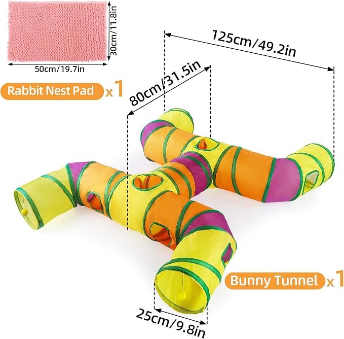 H-4-Way Collapsible Cat Bunny Tunnel, with Cushion, Indoor Entertainment, Washable Tear-Resistant Pet Hideout Tube with Interactive Playing Balls, for Kittens, Rabbits, Puppies