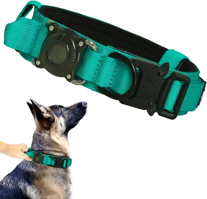 AirTag Dog Collar for Large Dogs Tactical Dog Collar with AirTag Holder | Upgrade Waterproof,Control Handle,Quick-Release Metal Buckle,1000D Nylon Fabric,Soft-Padded Webbing,Velcro Patch(Teal,XXL)