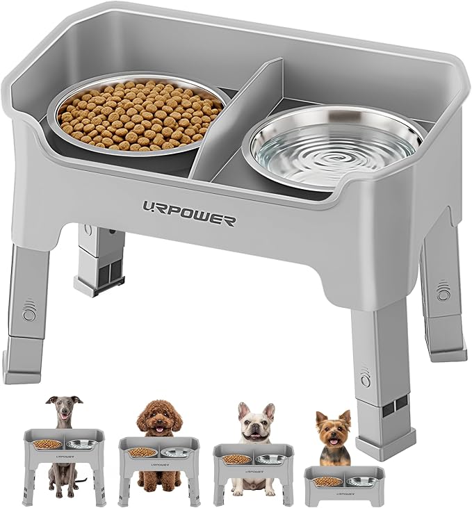 URPOWER Mess Proof Elevated Dog Bowls for Small Dogs with Splash Guard | 4 Adjustable Heights, 2 Stainless Steel Bowls, Food & Water Separation, Non-Slip Base, Foldable Dog Bowl Stand, Light Grey