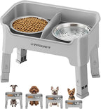 URPOWER Mess Proof Elevated Dog Bowls for Small Dogs with Splash Guard | 4 Adjustable Heights, 2 Stainless Steel Bowls, Food & Water Separation, Non-Slip Base, Foldable Dog Bowl Stand, Light Grey