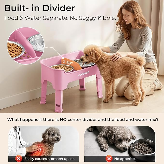URPOWER Mess Proof Elevated Dog Bowls for Small Dogs with Splash Guard | 4 Height Adjustable Raised Stand with 2 Stainless Steel Food Bowls & Licking Plate for Small, Medium & Large Dogs