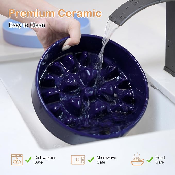 Sted Ceramic Slow Feeder Dog Bowls with Silicone Base | Slow Feeding Dog Bowl Small Medium Breed, Dogs Food Bowls for Fast Eaters, Puzzle Dogs Food Bowl, Maze Blue