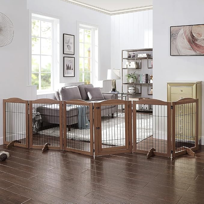 unipaws 132" Extra Wide Dog Gate and Pet Playpen with Walk Through Door | Free Standing Tall Dog Fence, Barriers for Home, Use as Indoor Dogs Cats Pen, Rabbit Pen, Walnut