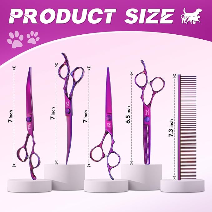 JASON Dog Grooming Scissors Set - Professional 6 in 1 Purple Shears Kit | 6.5" Thinning, 7" Straight, 7" Up-Curved, 7" Down-curved Scissors and Comb for Cat Pet with Adjustable Screw, Gift