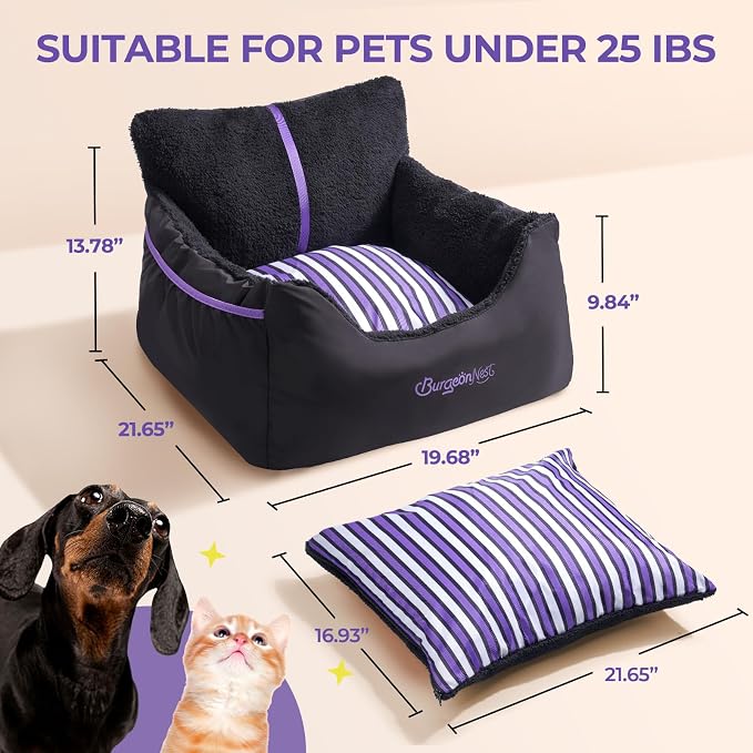 BurgeonNest Dog Car Seat for Small Dogs & Cats Under 25 lbs, Black Purple