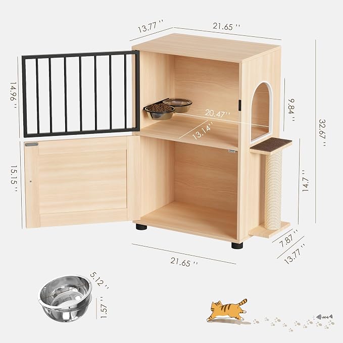 Dog Proof Cat Feeding Station, Dog Proof Cat Feeder, Cat Food Table | Cat Feeding Station with Scratching Post, Elevated Cat Food Bowls with Stand, Pet Food Storage Cabinet, Cat House Furniture