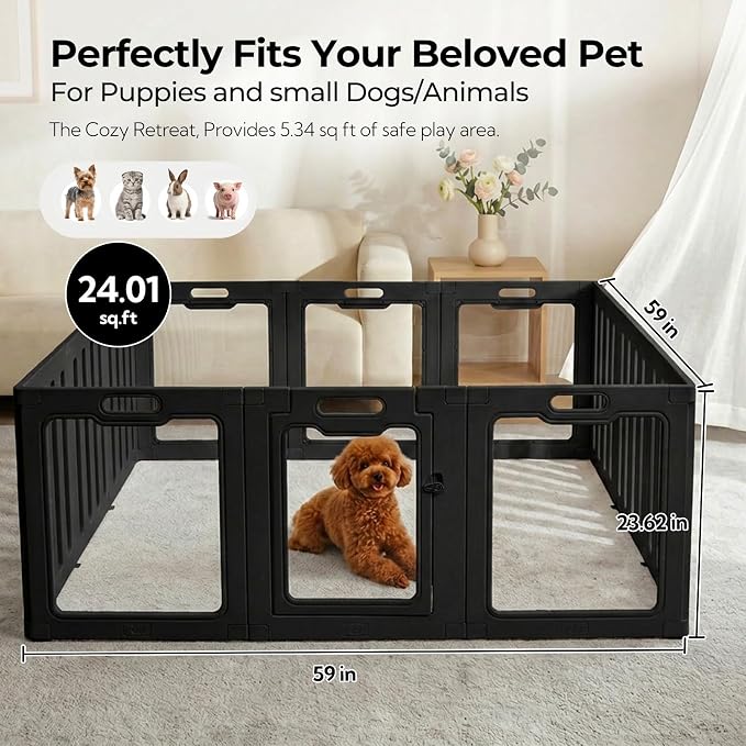 Soulbond Clear Acrylic Dog Playpen Indoor (24 Inch, Black, 12 Panels) | Non-Slip,Tool-Free Assembly, External Door Lock Play Pen for Puppies and Small Dogs