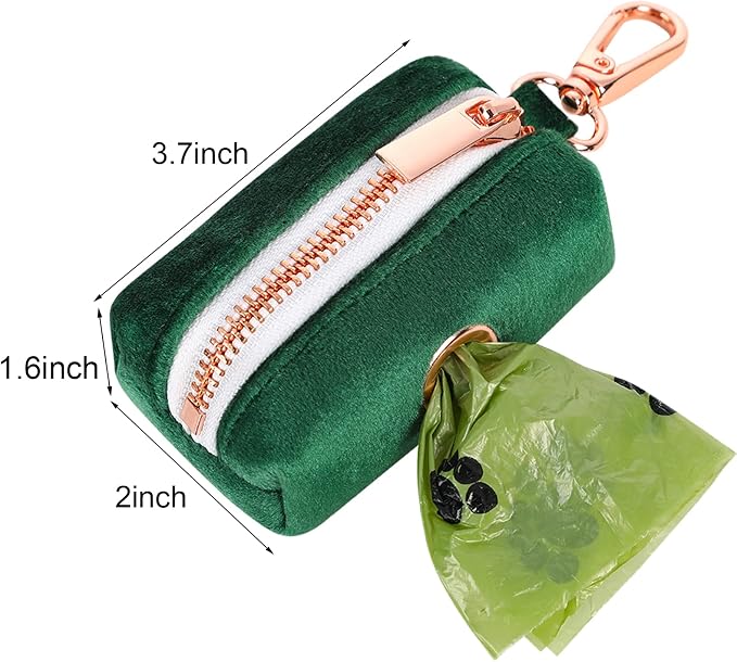 ARING PET Dog Poop Bag Holder, Velvet Doggy Waste Bag Dispenser Attach to Any Leashes, Dark Green Portable Washable Pet Waste Pouch Dispenser with Metal Zipper