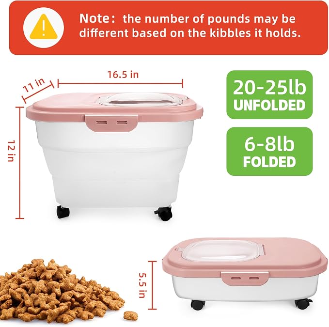 Airtight Pet Food Container, Collapsible Dog Food Storage Container 17-20 lb with Castors, Plastic Dog Food Bin with Pet Food Scoop & Measuring Cup for Dry Food Storage(red)