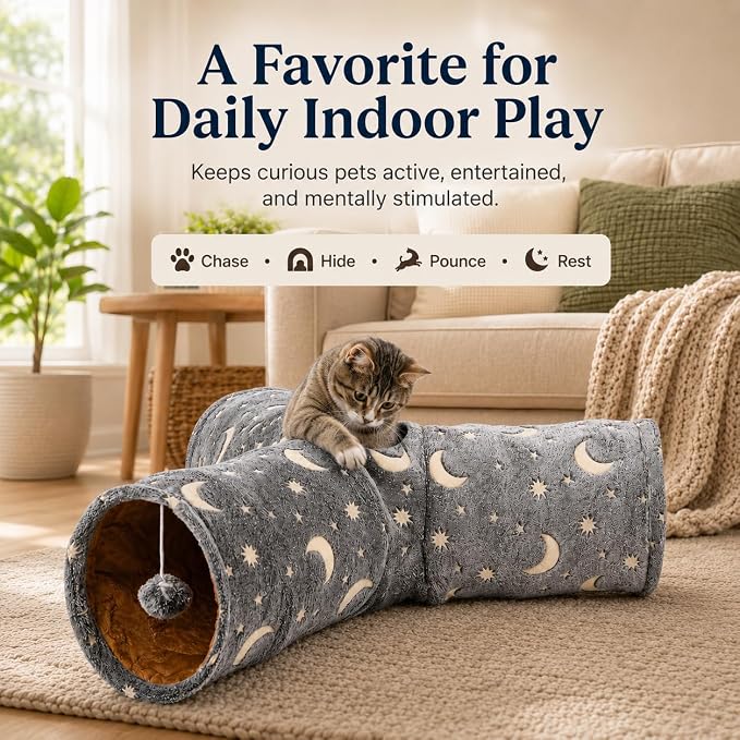 Cat Tube Tunnel with Plush Ball Toys Collapsible Self-Luminous, for Cat Small Pets Bunny Rabbits, Kittens, Ferrets,Puppy and Dogs Grey Moon Star 3 Way