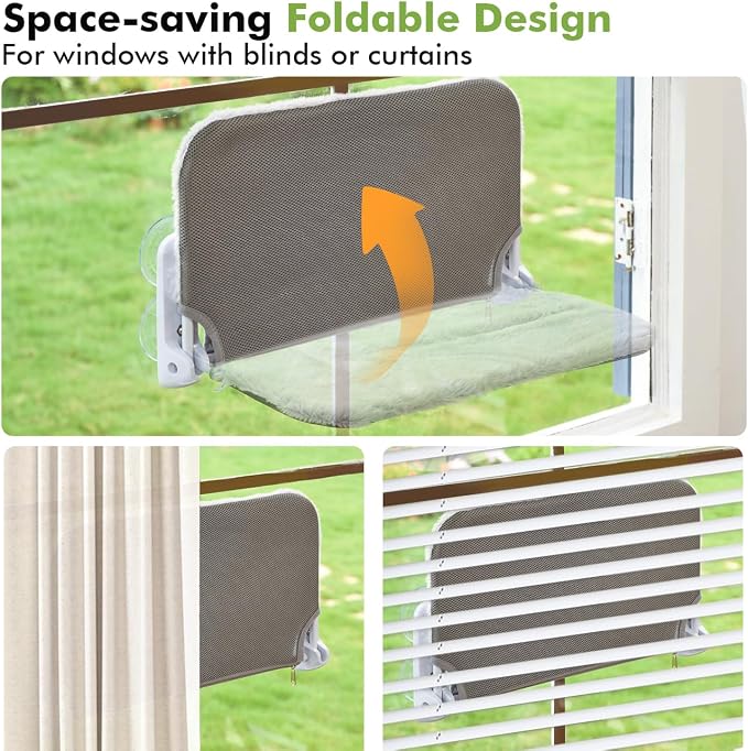 Zoratoo 2PC Cat Window Perch, Foldable & Cordless with Metal Frame, M Gray | 2-in-1 Reversible Cover, Removable for Machine Wash, Stable Window Resting Seat with Large Suction Cups for Indoor Cats
