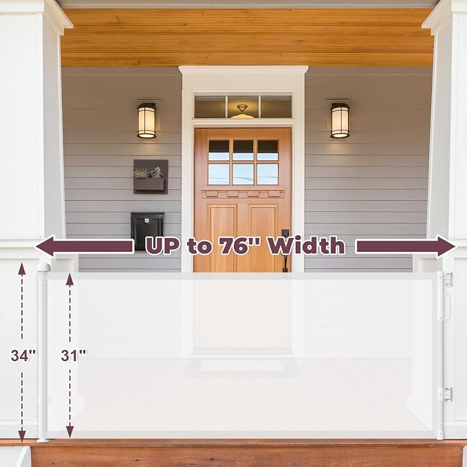 76" Retractable Baby Gates Extra Wide, Mesh Long Dog Gate for Deck | Indoor Outdoor Stair Gate for Wide Openings Doorways Hallways Porch, Child Pet Safety Essentials for Home, White