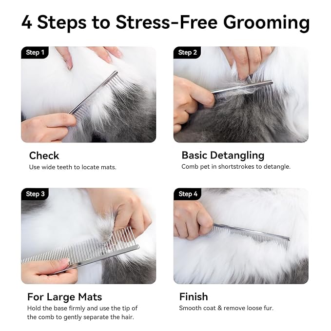Stainless Steel Dog & Cat Comb with Coarse/Fine Teeth, Professional Pet Grooming Tool, Dematting Undercoat Comb for Long Hair, Double Coats Dogs Cats Removing Tangles and Knots, Silver