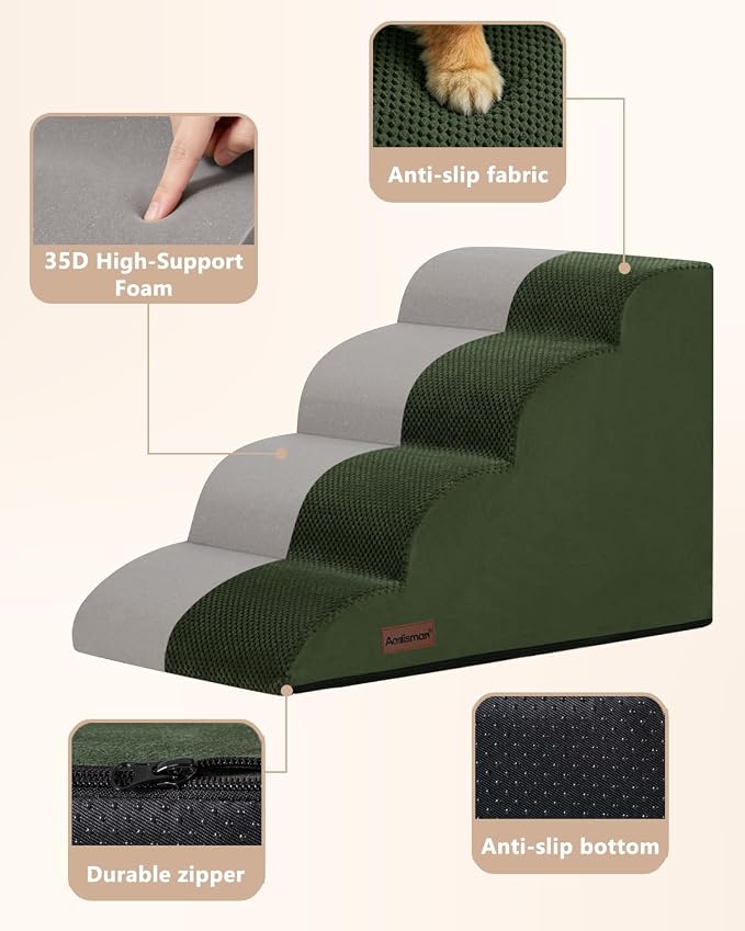 Aodisman Dog Steps for Bed or Couch,4 Step Pet Stairs for Small Dogs & Cat | Curved dog ramp help small dogs, senior cats and puppies get on and off couches and beds, non-slip bottom, 17.4" H,Green