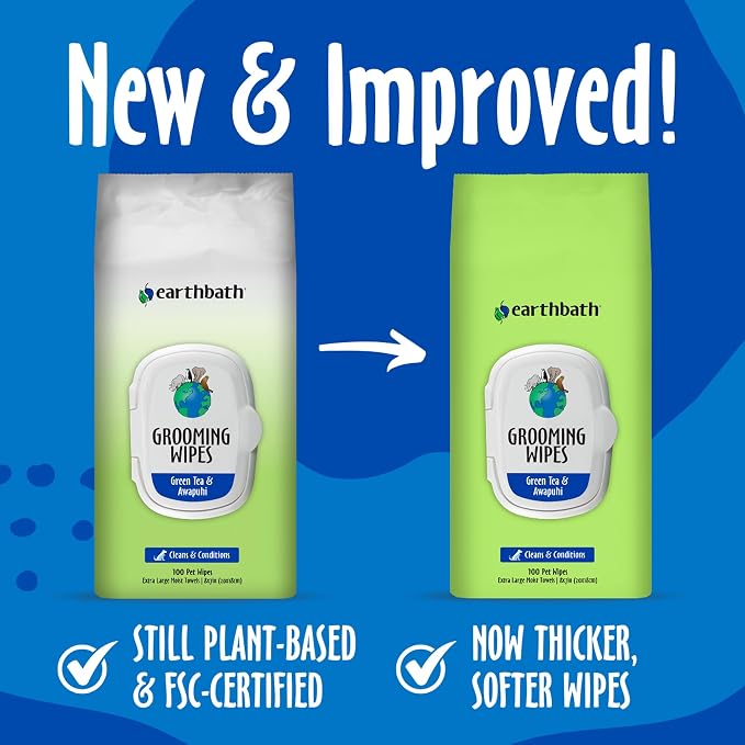 earthbath, Green Tea & Awapuhi Grooming Wipes - Dog Wipes for Paws and Butt, Best Pet Wipes for Dogs & Cats, Made in USA, Cruelty-Free Dog Cleaning Wipes, Removes Dirt & Dander - 100 Count (2 Pack) | Dog Wipes for Paws and Butt, Made in USA